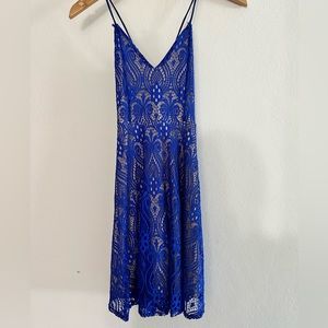 LU. Fashion’s blue crochet mini dress v-neck size small with adjustable straps